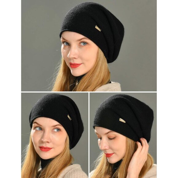 𝅺cashmere Slouchy Knit Beanie Hat for Women Black - Picture 6 of 6